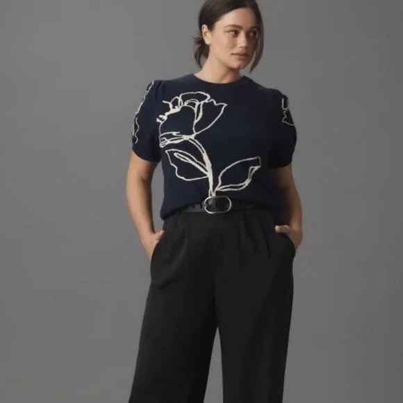 Anthropologie The Maxine Puff-Sleeve Sweater Tee Navy Blue Floral Top XL NWT - Picture 5 of 5